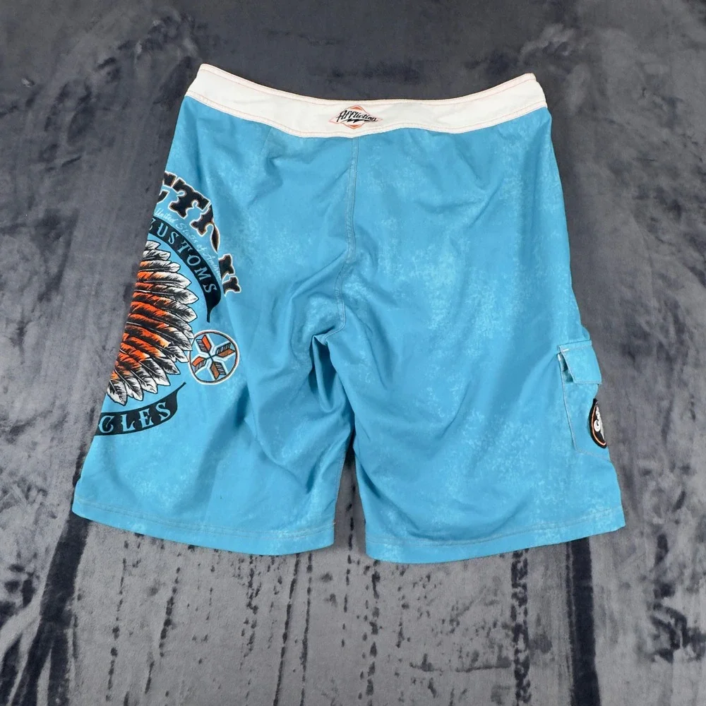 Affliction Board Shorts Mens 36 Blue American Customs Skull Graphic 101BS087
